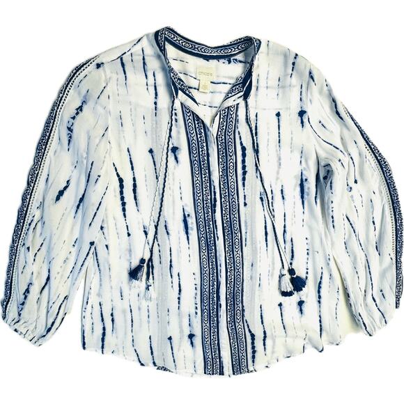 Chico's Button-Up Long Sleeve Shirt Boho Tie-Dye Effect Women 1 (M) White Blue - Picture 4 of 13